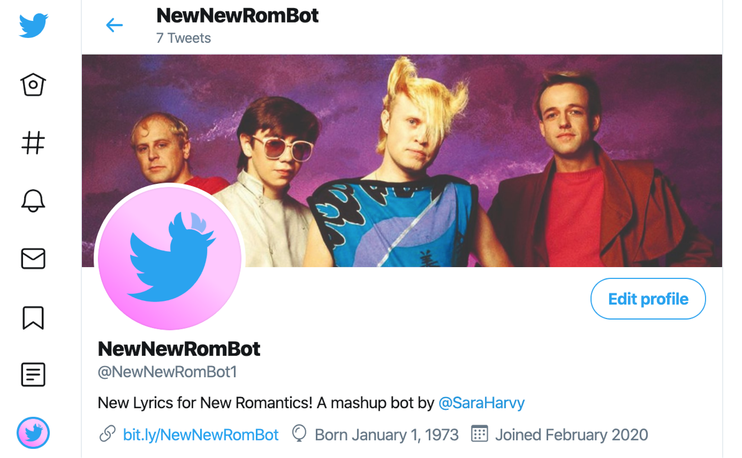 Rom Bot header featuring a bird logo with an 80s hairstyle